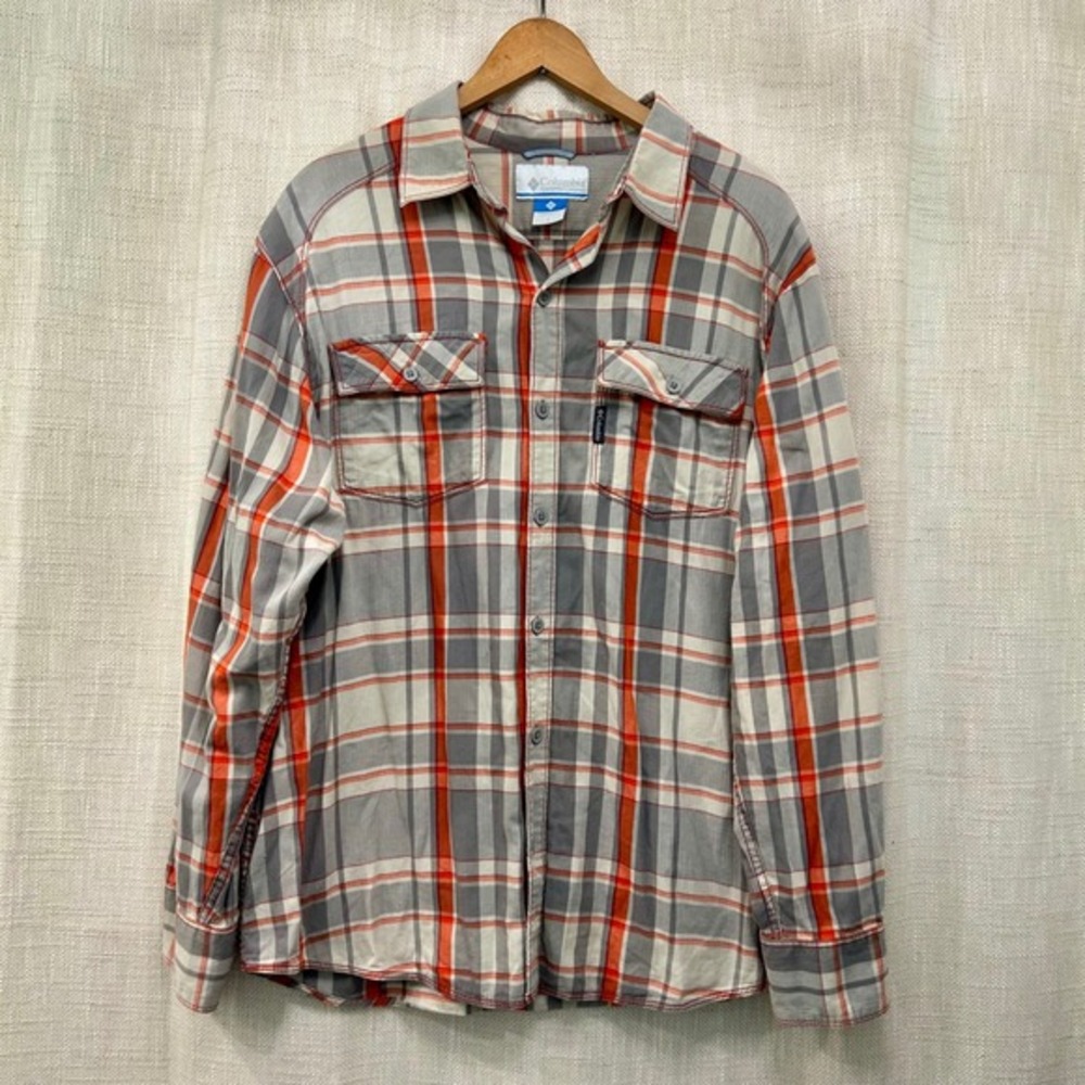 Columbia Mens Lg Cotton Plaid Button Up Orange Gray Long Sleeve Collared